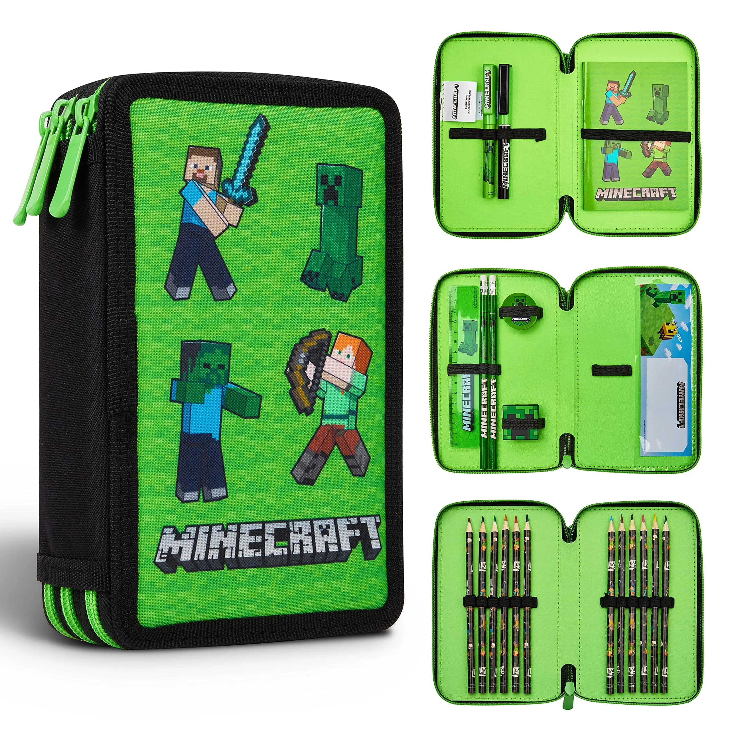 Minecraft Kids Pencil Case Stationery Set with Notebook, Colored Pencils, Pens, Ruler, Eraser, Sharpener & More | Green Mob - main product image