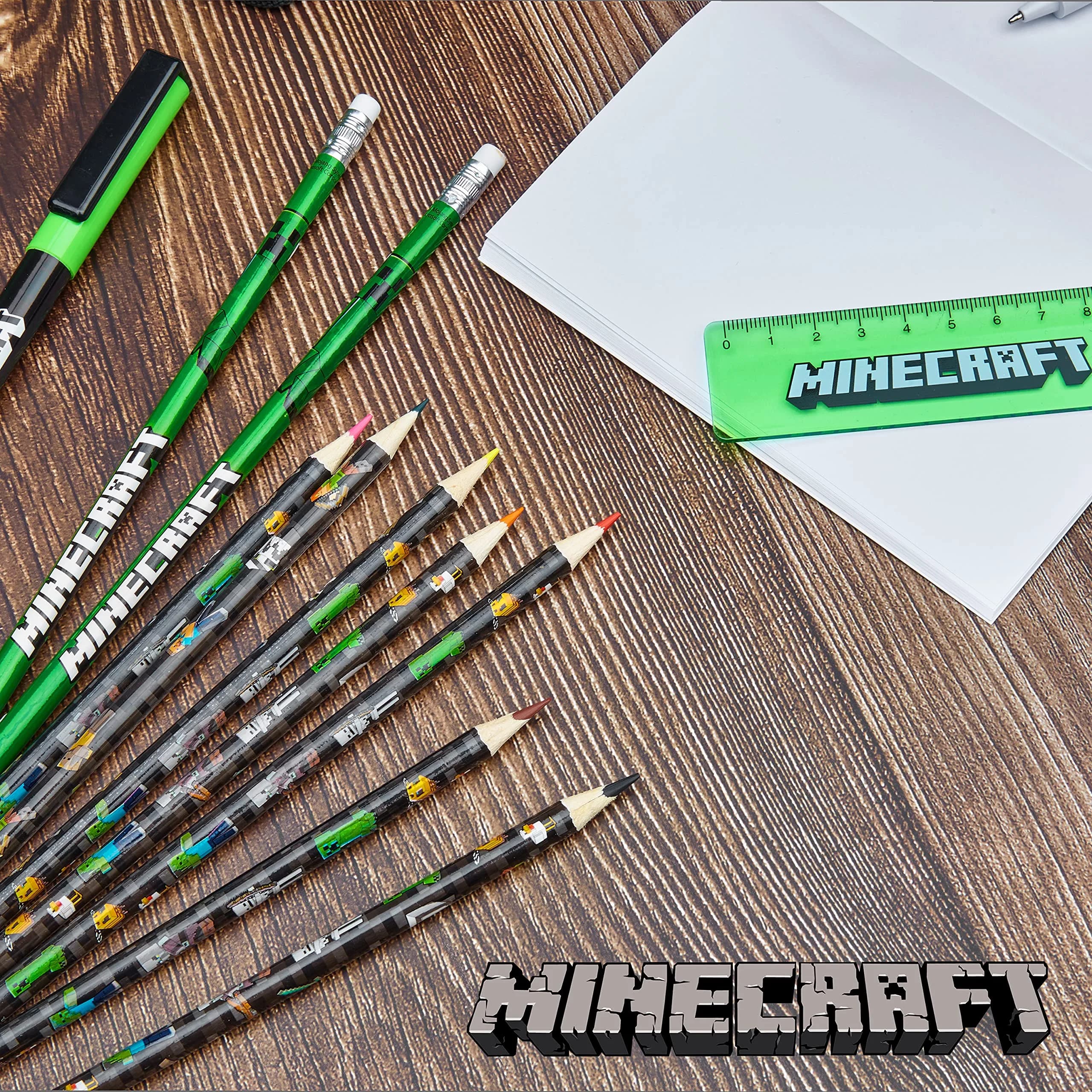 Minecraft Kids Pencil Case Stationery Set with Notebook, Colored Pencils, Pens, Ruler, Eraser, Sharpener & More | Green Mob - view 7