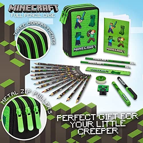 Minecraft Kids Pencil Case Stationery Set with Notebook, Colored Pencils, Pens, Ruler, Eraser, Sharpener & More | Green Mob thumbnail 2