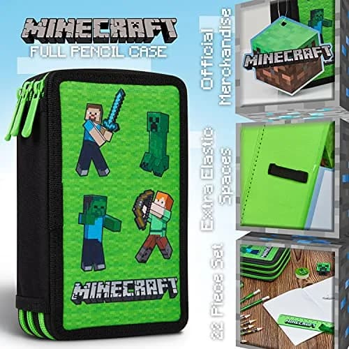 Minecraft Kids Pencil Case Stationery Set with Notebook, Colored Pencils, Pens, Ruler, Eraser, Sharpener & More | Green Mob thumbnail 3