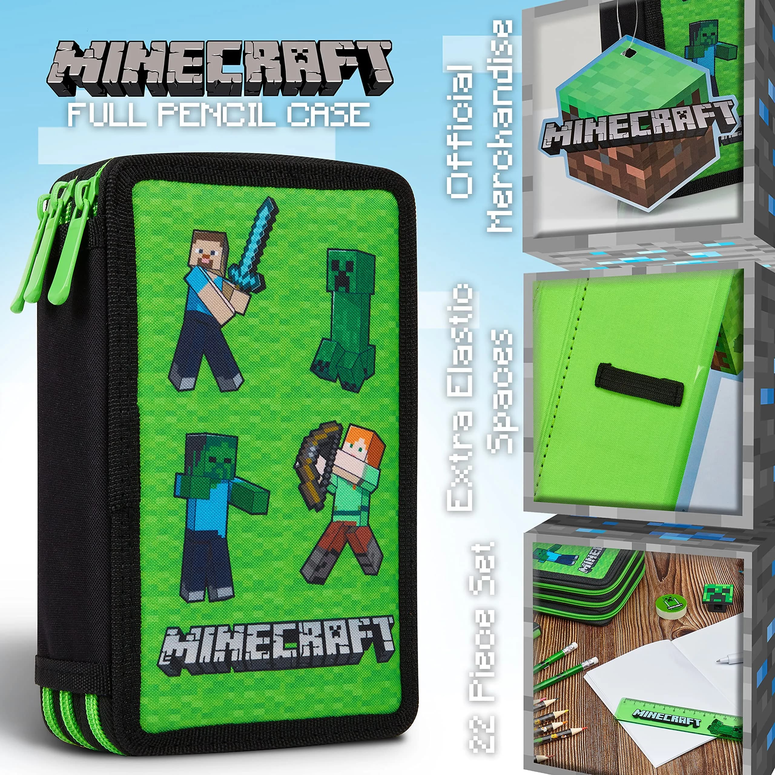 Minecraft Kids Pencil Case Stationery Set with Notebook, Colored Pencils, Pens, Ruler, Eraser, Sharpener & More | Green Mob - view 3