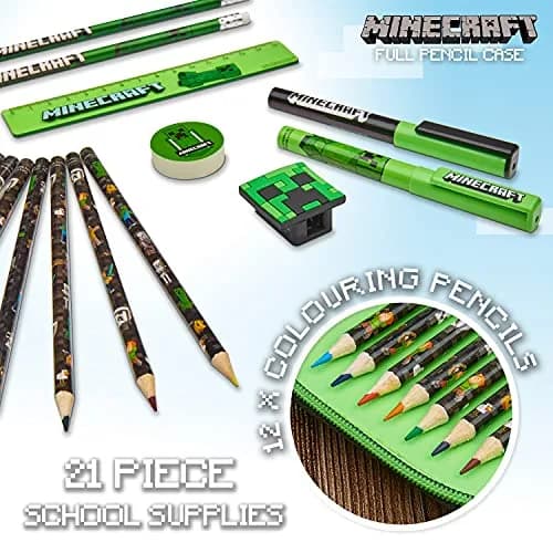 Minecraft Kids Pencil Case Stationery Pens Colored Pencils Notebook School Supplies Gamer Gifts for Boys (Black) | 2 Compartment Zippered Organizer thumbnail 5