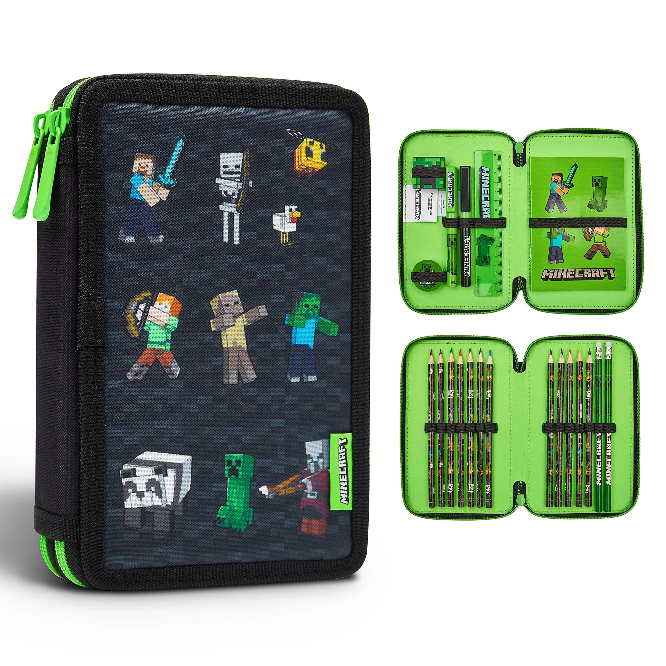 Minecraft Kids Pencil Case Stationery Pens Colored Pencils Notebook School Supplies Gamer Gifts for Boys (Black) | 2 Compartment Zippered Organizer - main product image