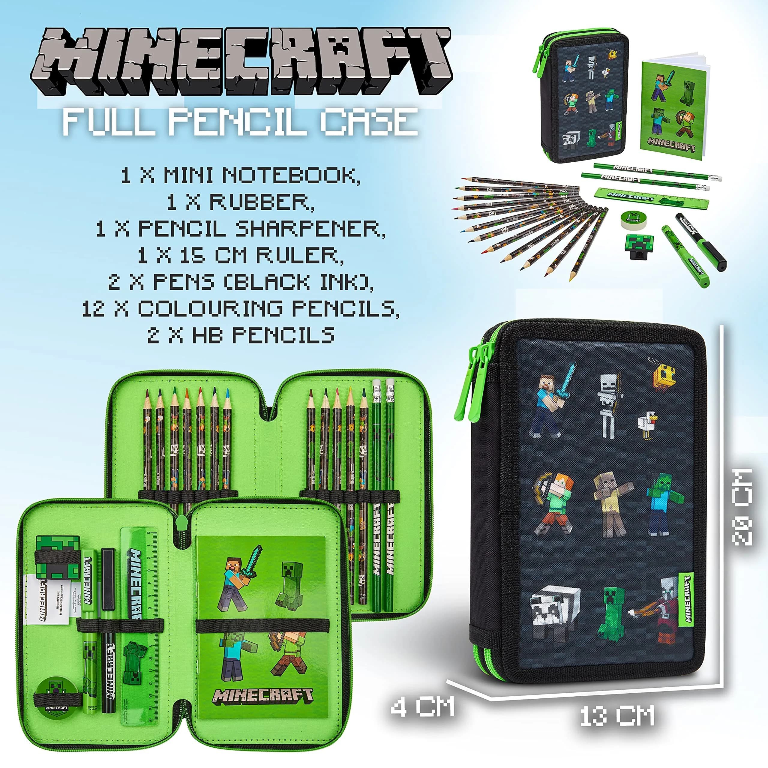 Minecraft Kids Pencil Case Stationery Pens Colored Pencils Notebook School Supplies Gamer Gifts for Boys (Black) | 2 Compartment Zippered Organizer - view 7