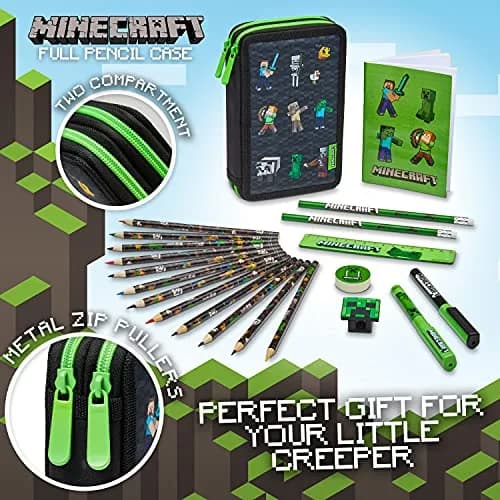 Minecraft Kids Pencil Case Stationery Pens Colored Pencils Notebook School Supplies Gamer Gifts for Boys (Black) | 2 Compartment Zippered Organizer thumbnail 2