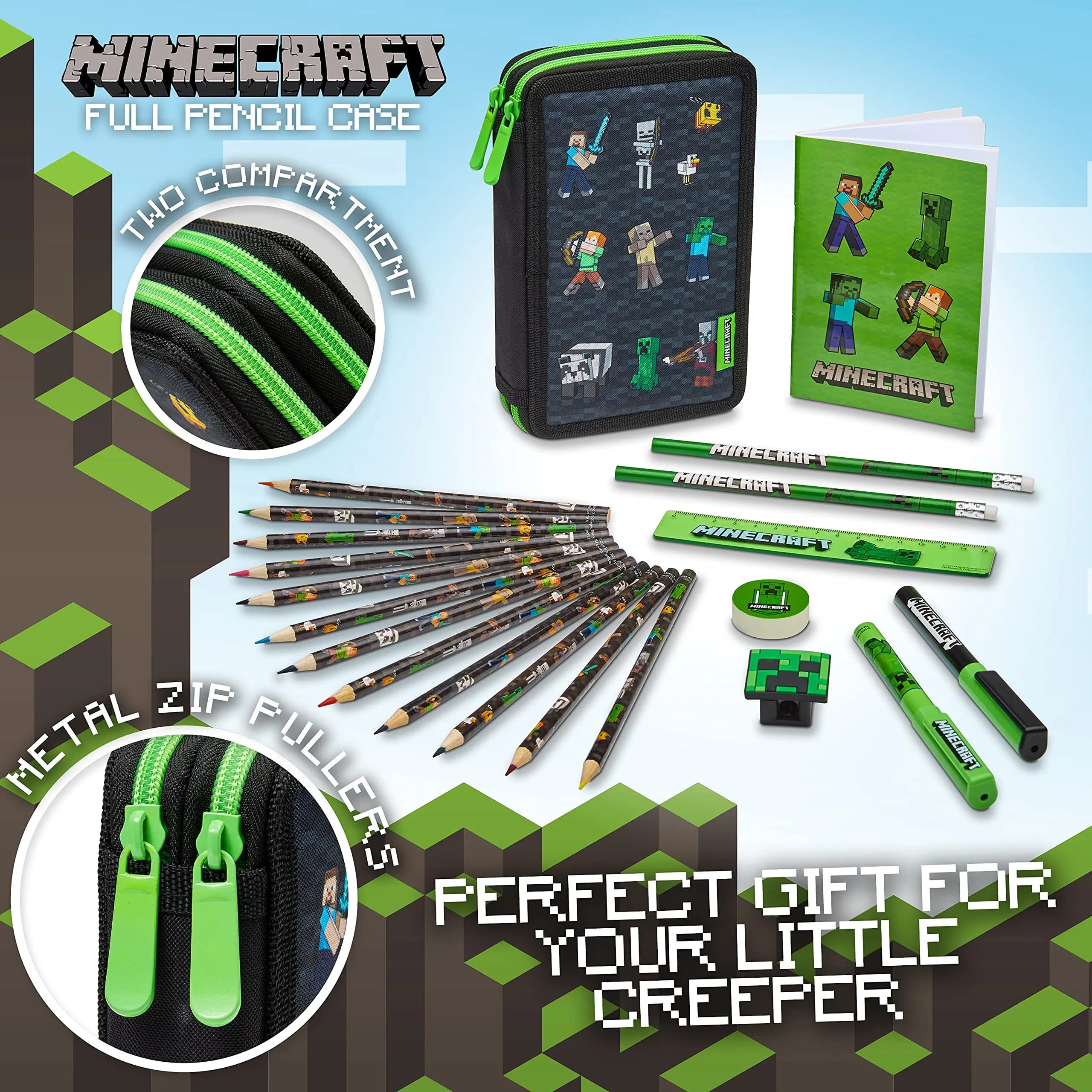 Minecraft Kids Pencil Case Stationery Pens Colored Pencils Notebook School Supplies Gamer Gifts for Boys (Black) | 2 Compartment Zippered Organizer - view 2