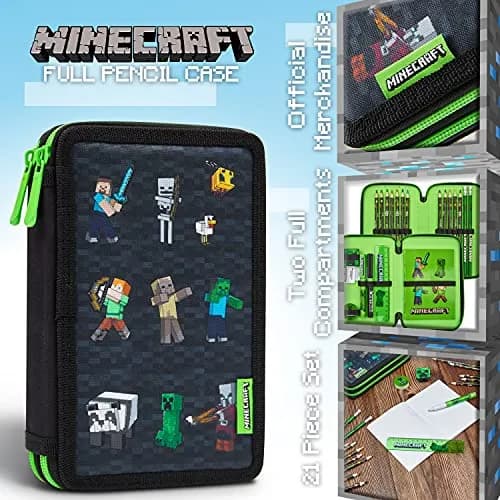 Minecraft Kids Pencil Case Stationery Pens Colored Pencils Notebook School Supplies Gamer Gifts for Boys (Black) | 2 Compartment Zippered Organizer thumbnail 3