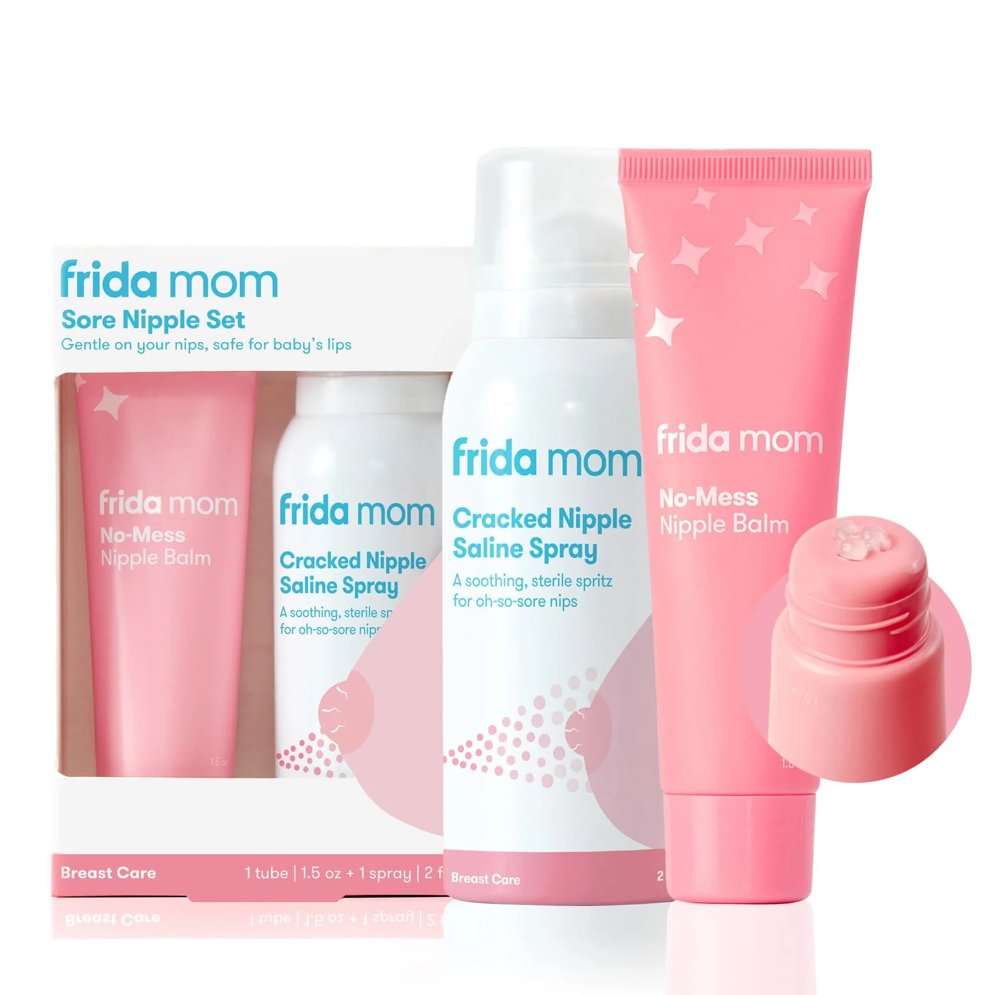 Frida Mom Nipple Cream and Saline Spray Set for Breastfeeding, 60ml (2 fl oz) Spray & 1.5 fl oz Balm | Soothe & Hydrate Sore Nipples - main product image