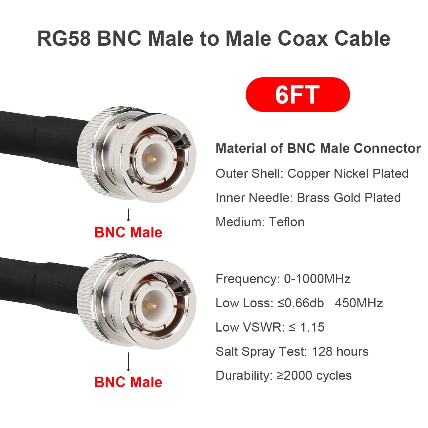MOOKEERF RG58 BNC Cable 6ft (1.83m) Male to Male Coax | Low Loss 50 Ohm for RF Radios & Antennas - view 2