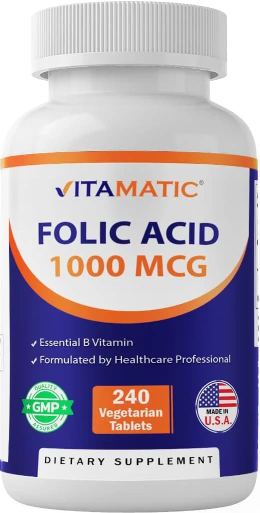 Vitamatic Folic Acid 1000 mcg (1 mg) | Supports Cell Growth & DNA Synthesis — No Color