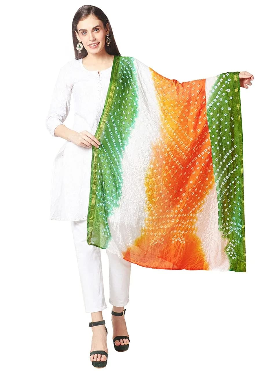 DUPATTA BAZAAR Women's Tiranga Bandhini Silk Dupatta 2.4m (8ft) | Patriotic Tricolour for Independence Day - main product image