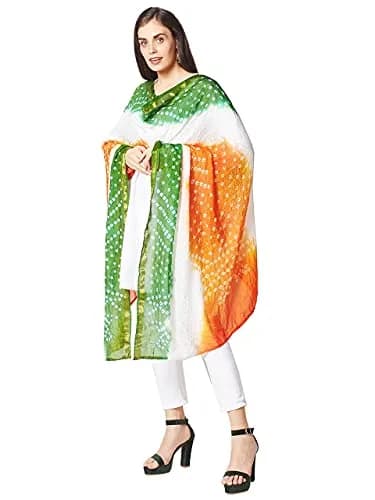 DUPATTA BAZAAR Women's Tiranga Bandhini Silk Dupatta 2.4m (8ft) | Patriotic Tricolour for Independence Day thumbnail 5