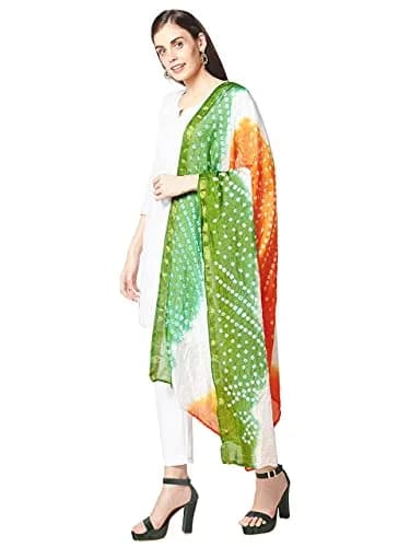 DUPATTA BAZAAR Women's Tiranga Bandhini Silk Dupatta 2.4m (8ft) | Patriotic Tricolour for Independence Day thumbnail 3