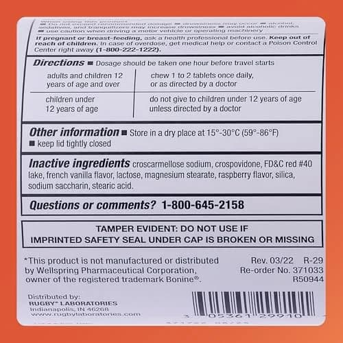 RUGBY LABORATORIES Meclizine HCl 25mg Chewable Tablets 1000 Count | Motion Sickness Relief for Travel thumbnail 7