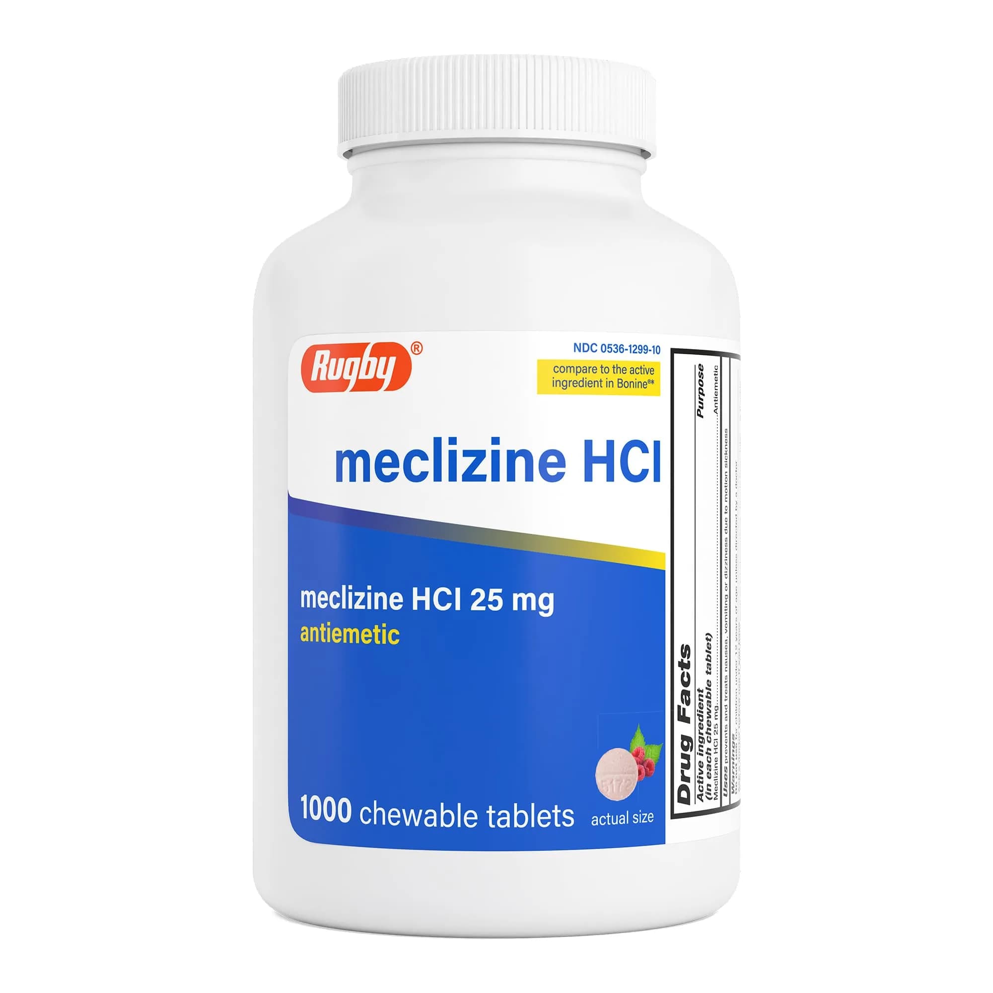 RUGBY LABORATORIES Meclizine HCl 25mg Chewable Tablets 1000 Count | Motion Sickness Relief for Travel - main product image