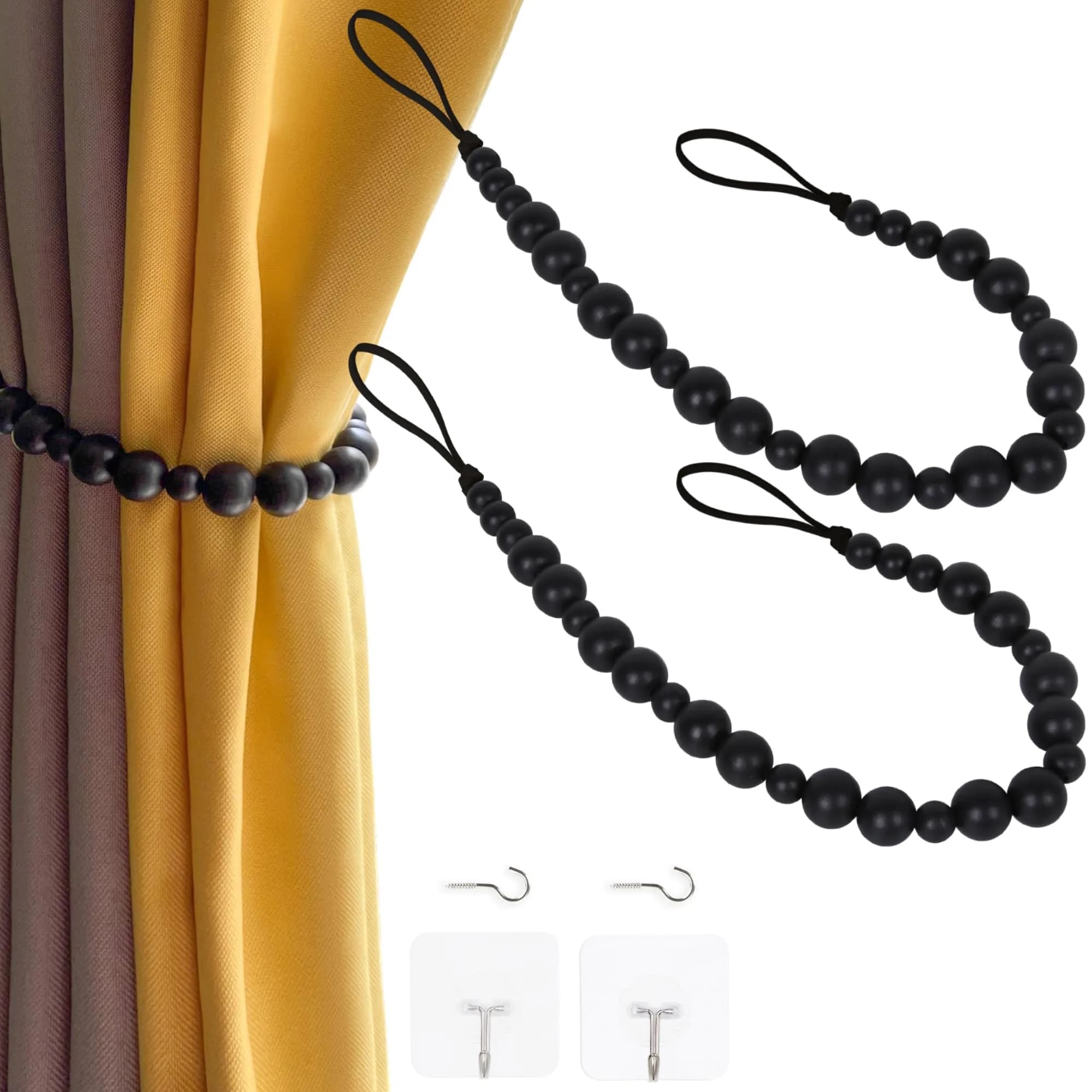 OCIOLI Wood Bead Curtain Tiebacks with Hooks, Boho Style, 18.9" Total Length (Set of 2, White/Gray/Wood) — Black Color