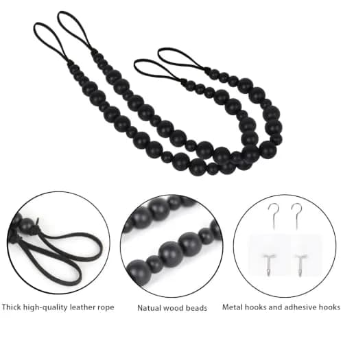 OCIOLI Black Wood Bead Curtain Tieback Set of 2 | Boho Curtain Holdbacks with Metal & Adhesive Hooks (48 cm / 18.9 in) thumbnail 6