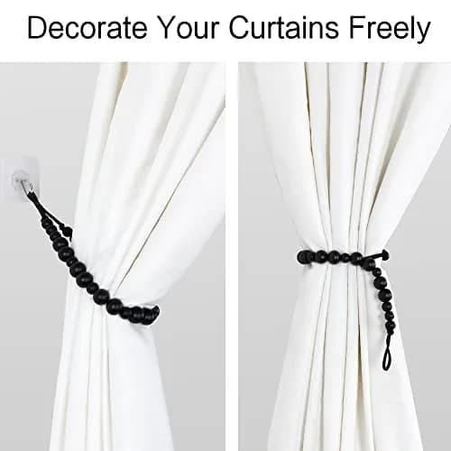 OCIOLI Black Wood Bead Curtain Tieback Set of 2 | Boho Curtain Holdbacks with Metal & Adhesive Hooks (48 cm / 18.9 in) thumbnail 3