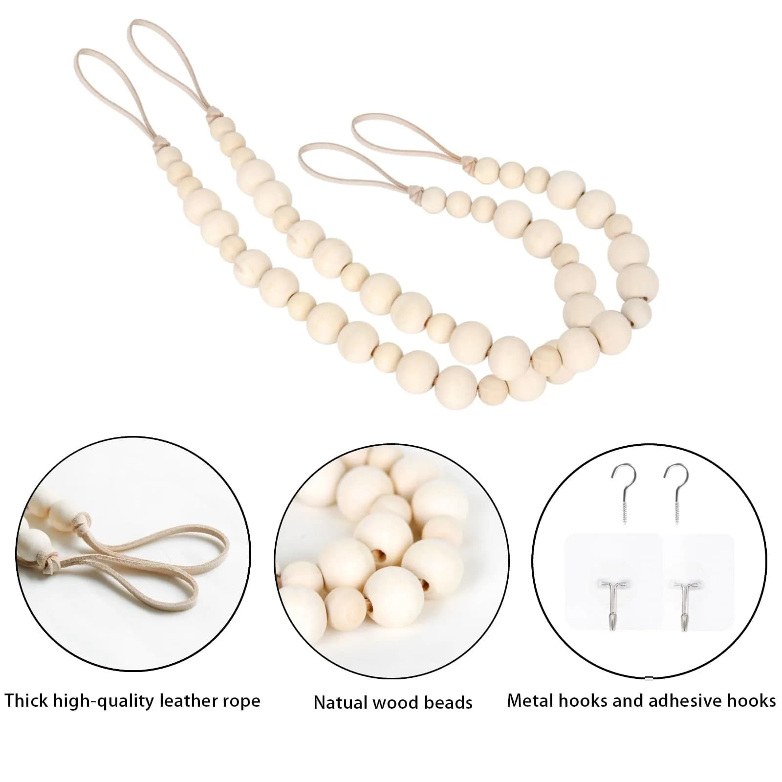 OCIOLI Wood Bead Curtain Tiebacks with Hooks, 18.9" Boho Curtain Holdbacks (2-Pack, Wood Color) thumbnail 5