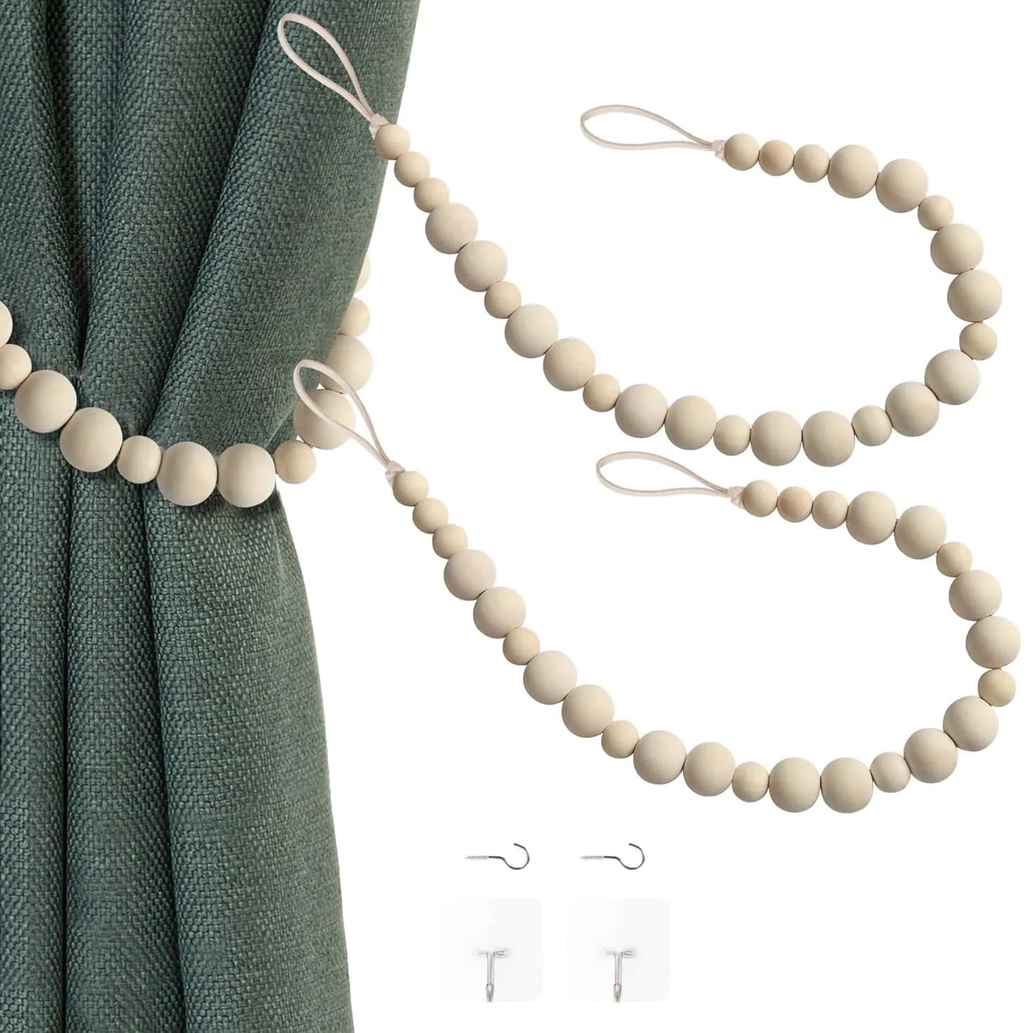 OCIOLI Wood Bead Curtain Tiebacks with Hooks, 18.9" Boho Curtain Holdbacks (2-Pack, Wood Color) thumbnail 1
