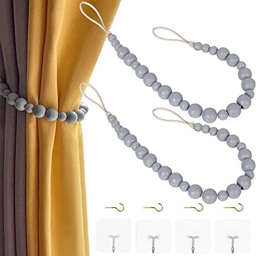 OCIOLI Grey Wood Bead Curtain Tiebacks with Hooks - 2 Pack | Boho Decor for Bedroom & Nursery — Grey