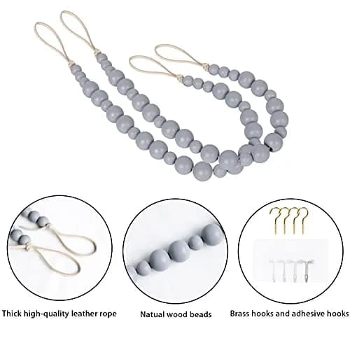 OCIOLI Grey Wood Bead Curtain Tiebacks with Hooks - 2 Pack | Boho Decor for Bedroom & Nursery thumbnail 5