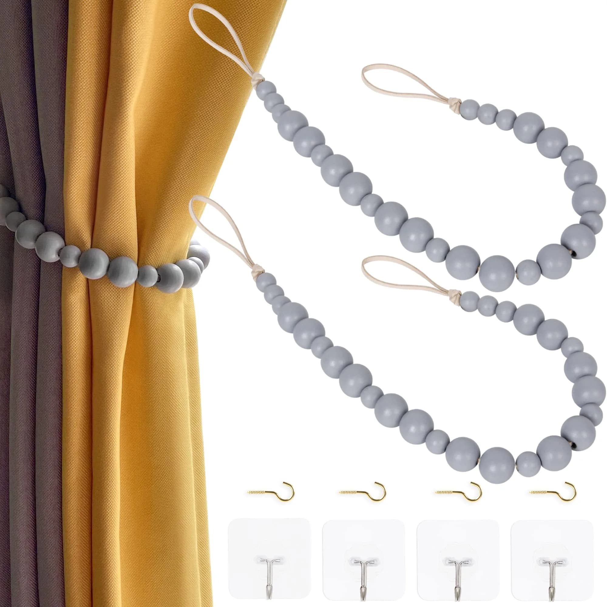 OCIOLI Grey Wood Bead Curtain Tiebacks with Hooks - 2 Pack | Boho Decor for Bedroom & Nursery