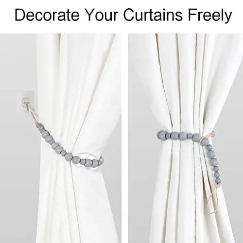 OCIOLI Grey Wood Bead Curtain Tiebacks with Hooks - 2 Pack | Boho Decor for Bedroom & Nursery thumbnail 4