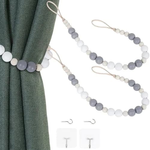 OCIOLI Wood Bead Curtain Tiebacks with Hooks, Boho Style, 18.9" Total Length (Set of 2, White/Gray/Wood) thumbnail 1