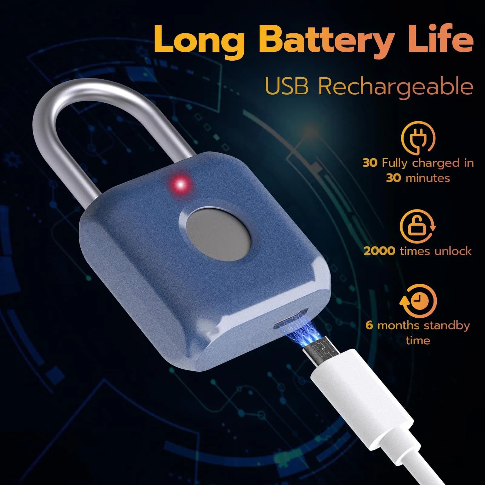 Pothunder Biometric Fingerprint Padlock Blue | Keyless USB Rechargeable Lock for Gym Lockers, Luggage, Backpacks - view 5