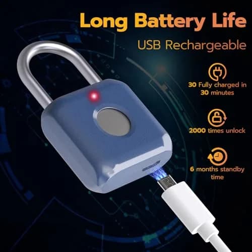 Pothunder Biometric Fingerprint Padlock Blue | Keyless USB Rechargeable Lock for Gym Lockers, Luggage, Backpacks thumbnail 5