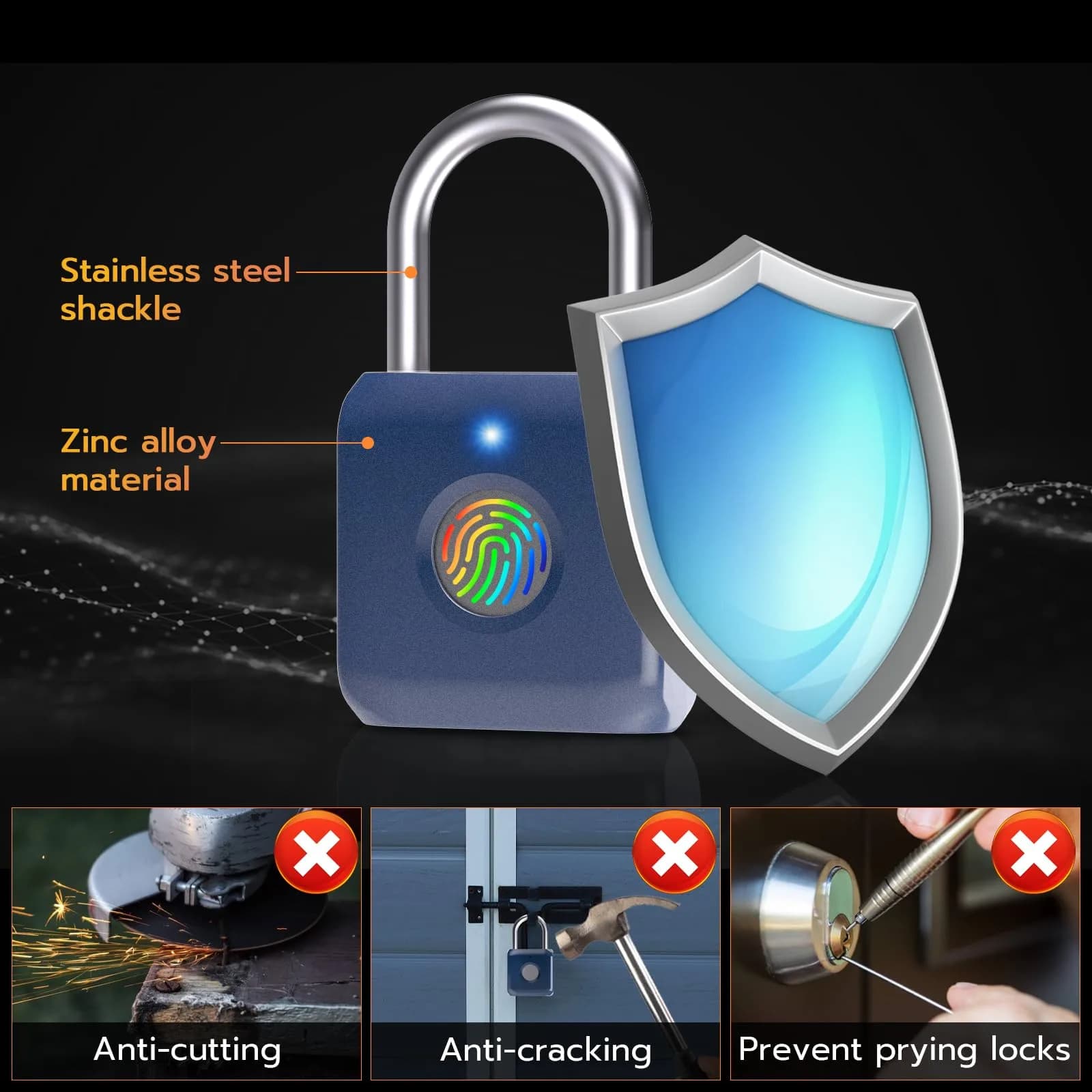 Pothunder Biometric Fingerprint Padlock Blue | Keyless USB Rechargeable Lock for Gym Lockers, Luggage, Backpacks - view 7