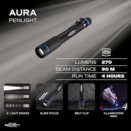 Police Security Aura Black LED Penlight - 270 Lumens | Compact, Water-Resistant & Adjustable Focus thumbnail 2