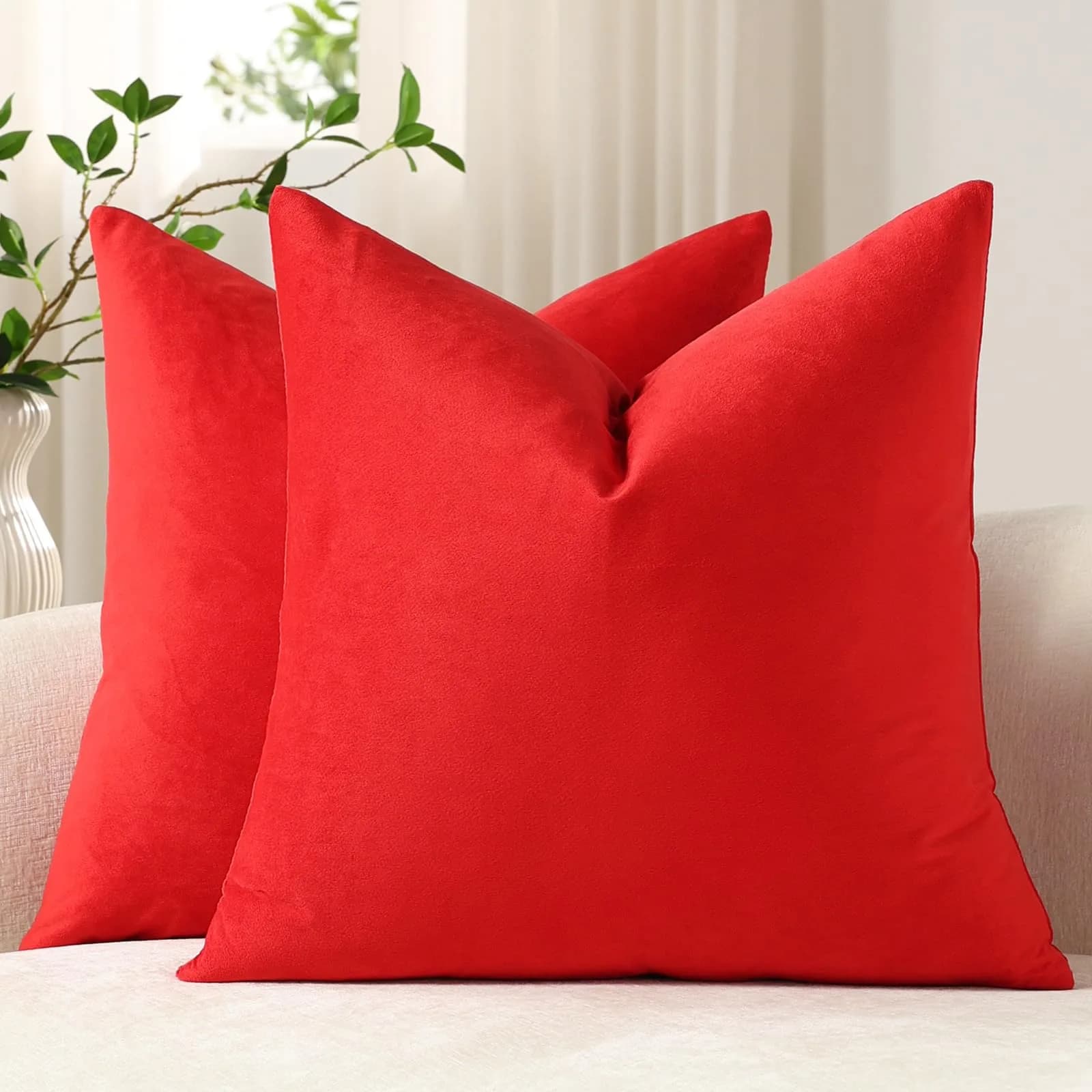 DEZENE Euro Sham Covers 26x26 Christmas Red | Luxurious Velvet Square Pillow Cases — Fiery Red / 26" x 26"
