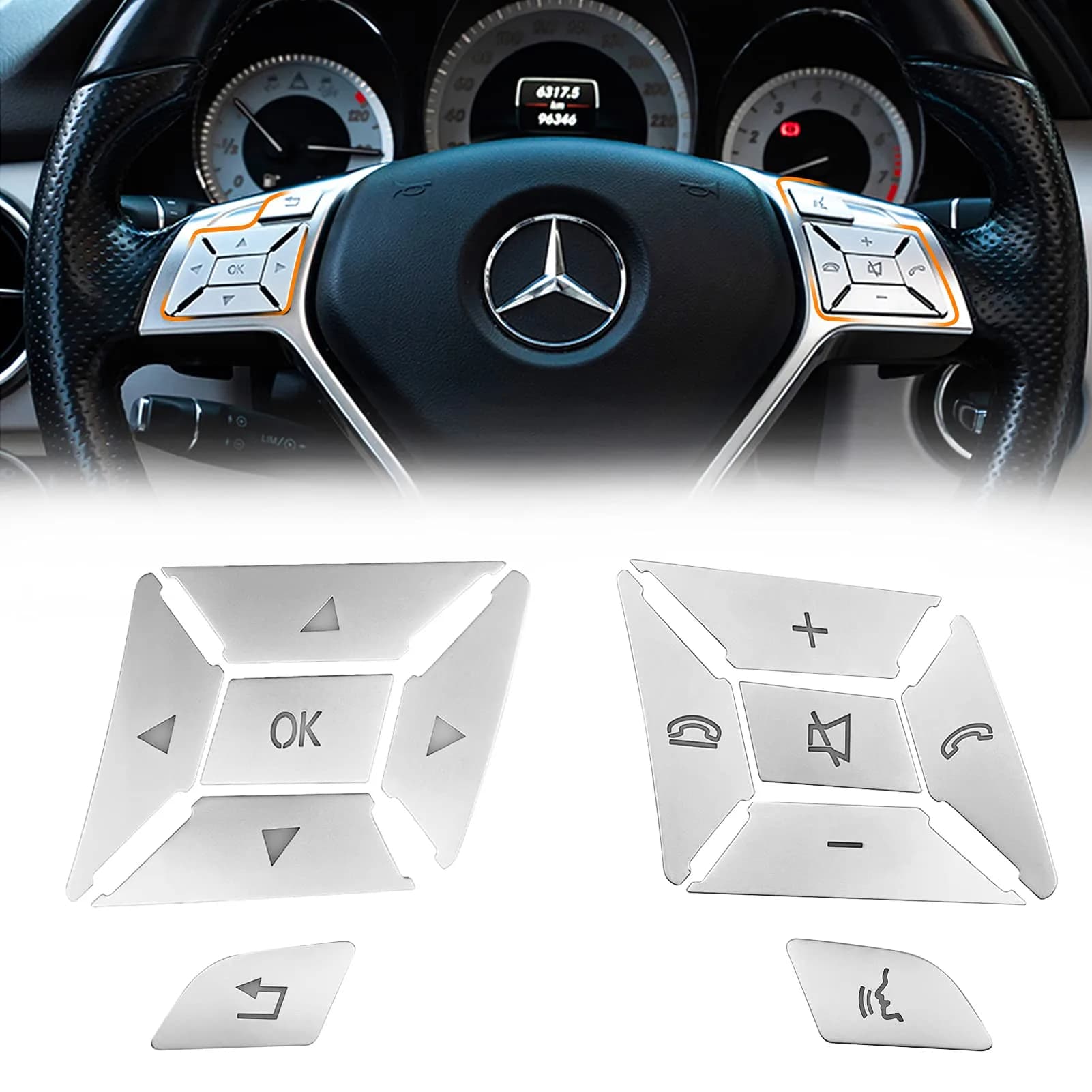 Moonlinks Chrome Square Steering Wheel Button Covers 12-Pack | Interior Trim for Mercedes A B C E G SL GL GLA CLA GLK SLK CLS Class — Square