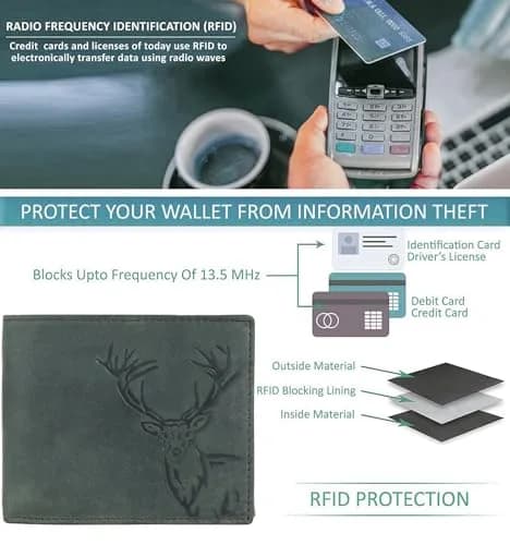 LONDON ALLEY Vintage Green Bi-Fold Leather Wallet | RFID Blocking, Genuine Leather, 14 Pockets thumbnail 7