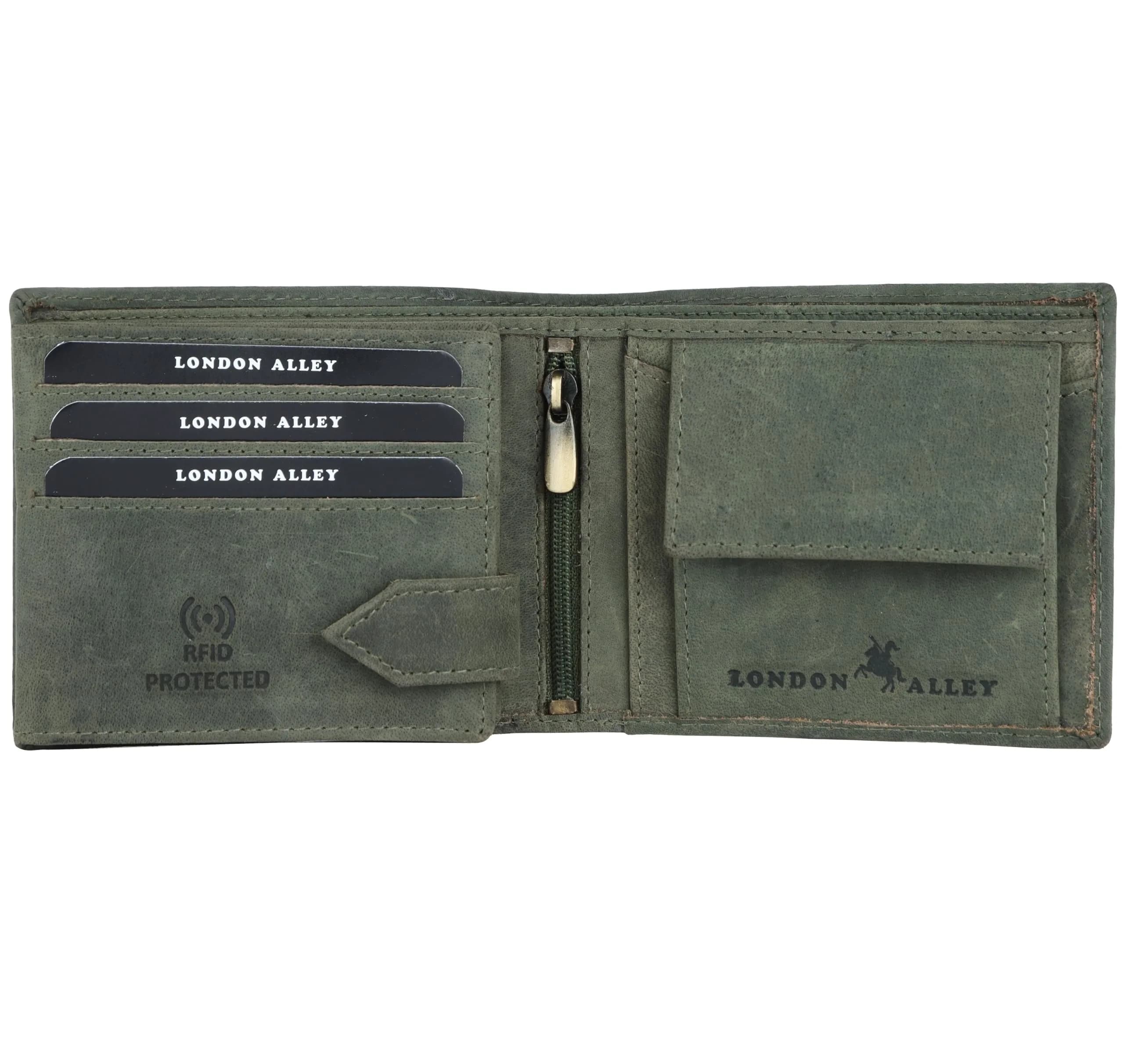 LONDON ALLEY Vintage Green Bi-Fold Leather Wallet | RFID Blocking, Genuine Leather, 14 Pockets - view 3