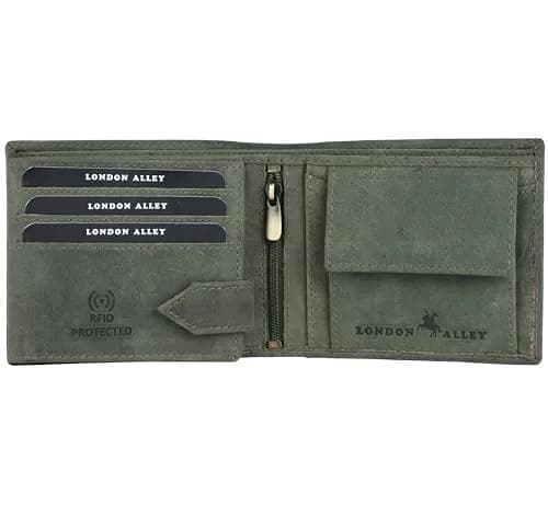 LONDON ALLEY Vintage Green Bi-Fold Leather Wallet | RFID Blocking, Genuine Leather, 14 Pockets thumbnail 3