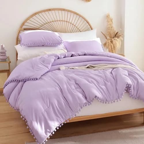 YIRDDEO Queen Comforter Set, Lavender Purple Ball Pom Fringe Bedding 3 Pcs | Soft & Safe Polyester Comforter for All Seasons thumbnail 1
