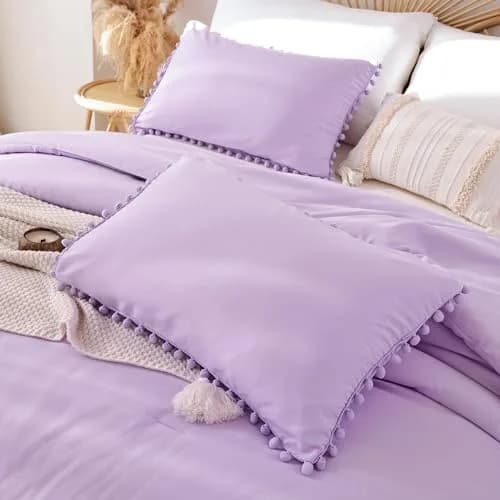YIRDDEO Queen Comforter Set, Lavender Purple Ball Pom Fringe Bedding 3 Pcs | Soft & Safe Polyester Comforter for All Seasons thumbnail 5
