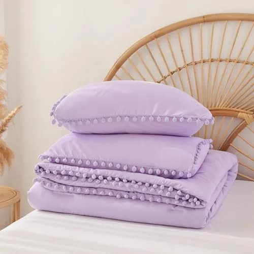 YIRDDEO Queen Comforter Set, Lavender Purple Ball Pom Fringe Bedding 3 Pcs | Soft & Safe Polyester Comforter for All Seasons thumbnail 6