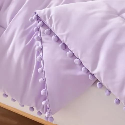 YIRDDEO Queen Comforter Set, Lavender Purple Ball Pom Fringe Bedding 3 Pcs | Soft & Safe Polyester Comforter for All Seasons thumbnail 7