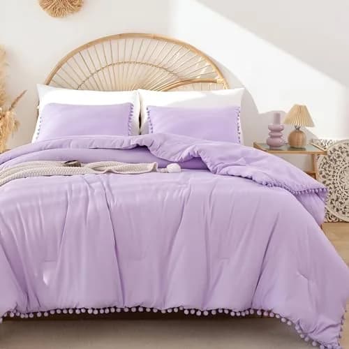 YIRDDEO Queen Comforter Set, Lavender Purple Ball Pom Fringe Bedding 3 Pcs | Soft & Safe Polyester Comforter for All Seasons thumbnail 2