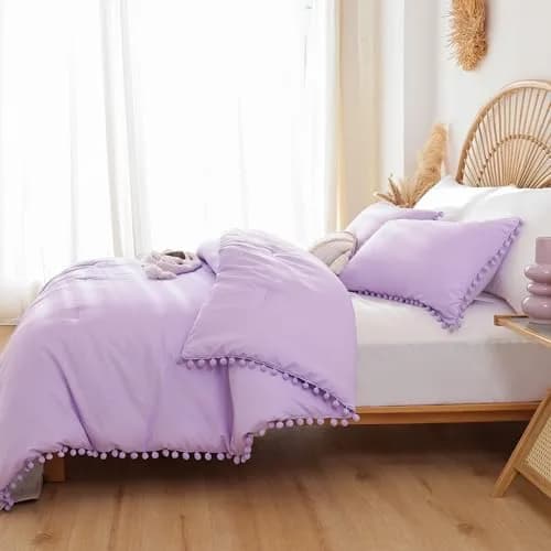 YIRDDEO Queen Comforter Set, Lavender Purple Ball Pom Fringe Bedding 3 Pcs | Soft & Safe Polyester Comforter for All Seasons thumbnail 3
