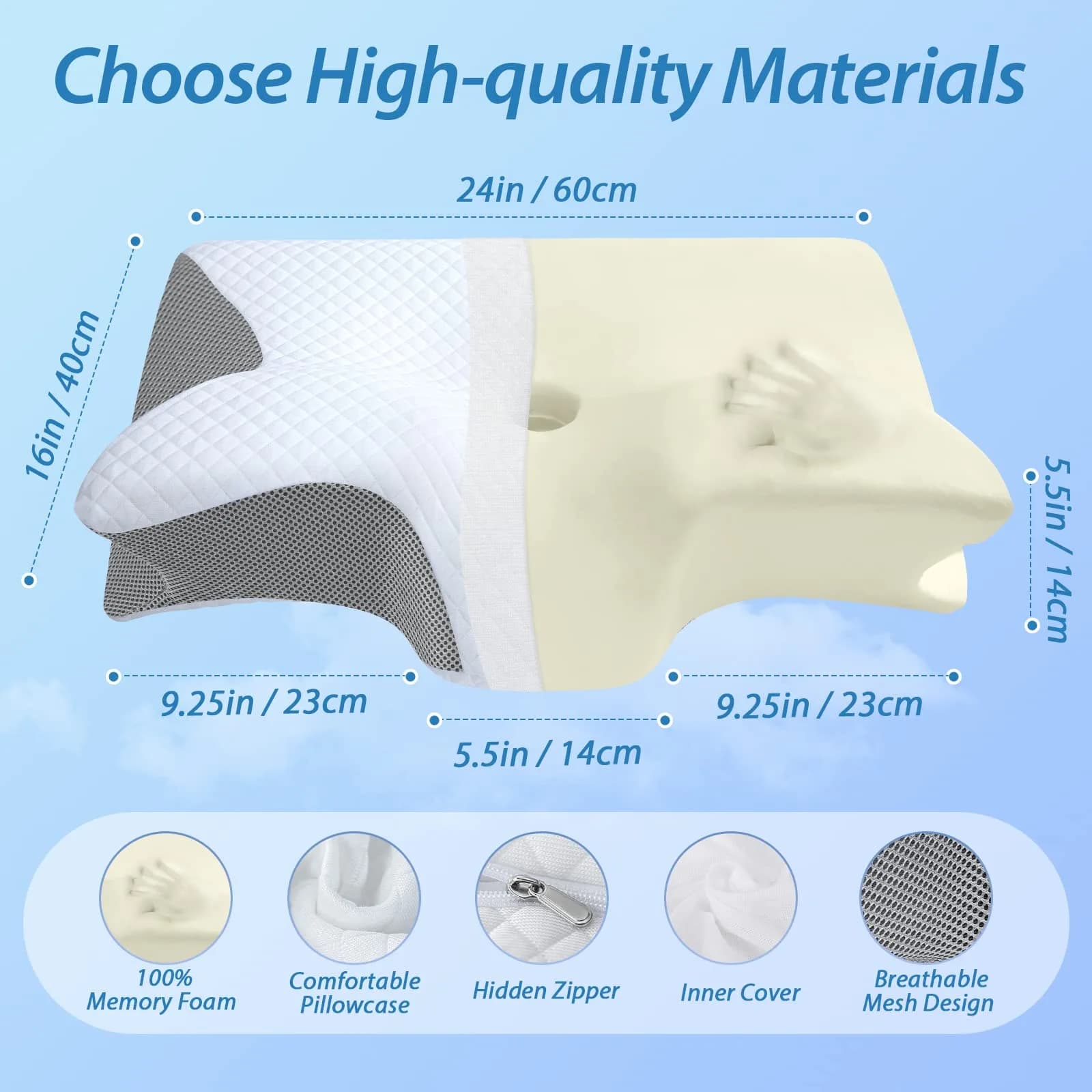 HOMCA Memory Foam Cervical Pillow 60cm (23.6") x 40cm (15.7") x 12cm (4.7") | CertiPUR-US Certified for Neck Pain Relief - view 7