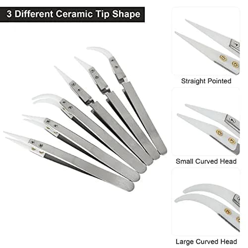 EATHEATY 6 Pcs Ceramic Reverse Tweezers Kit, Pointed Curved Tips | Precision Soldering Tool Set thumbnail 4