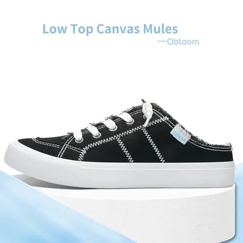 Obtaom Women Canvas Slippers Memory Foam Clipper Fashion Sneakers Comfortable Slip-On Mule Backless Shoe (Black Canvas US5) thumbnail 4