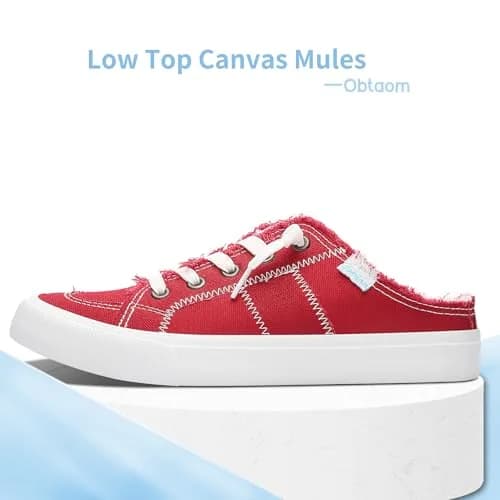 Obtaom Women Canvas Mules Memory Foam Clipper Fashion Sneakers Comfortable Slip-On Mule Backless Shoe (Red Canvas US6) thumbnail 2
