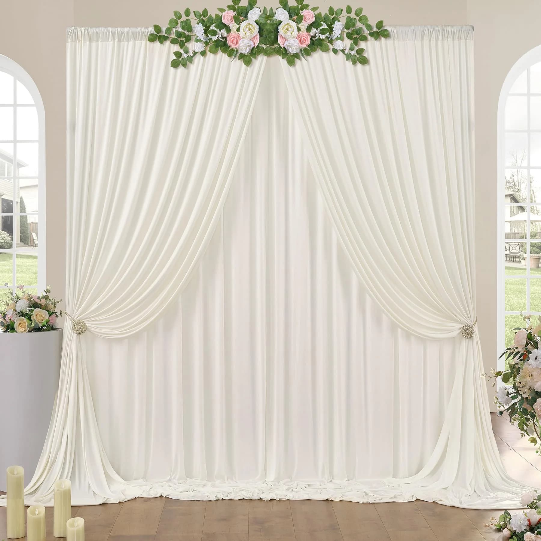 NSSONBEN 10x10 ft Wrinkle Free White Backdrop Curtains for Parties, Polyester Photo Backdrop Drapes 2 Panels 5x10ft for Wedding Birthday Party Photography Background Indoor Outdoor — Ivory / 10ftx10ft