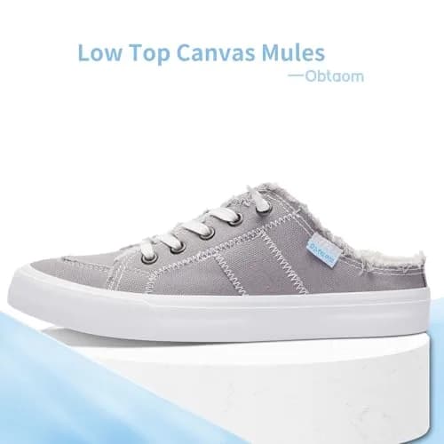 Obtaom Women Canvas Mules Memory Foam Clipper Fashion Sneakers Comfortable Slip-On Mule Backless Shoe Grey US9 | Breathable & Cushioned thumbnail 3